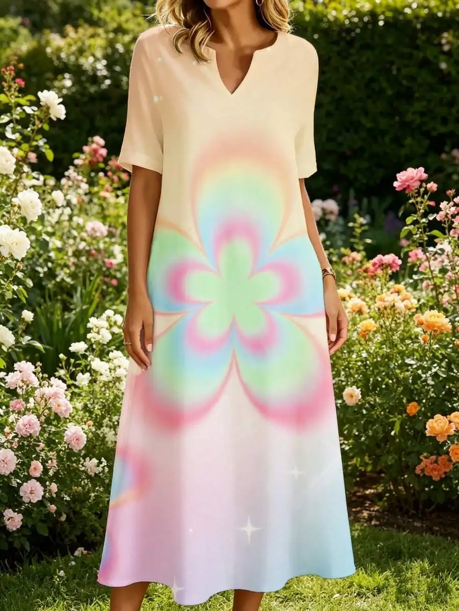 

V Neck Midi Dress Pastel Rainbow Flower Print Summer Garden Party Wear