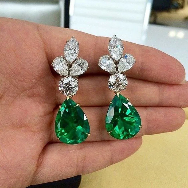 New Popular Women\'s Pendant Emerald Earrings Retro Party Accessories with Bright Green Zirconia Elegant  Jewelry Gifts