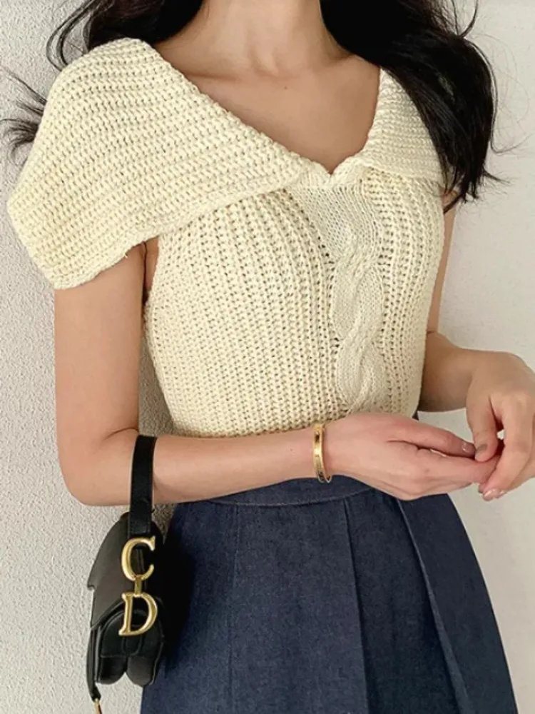 

Chic Simple Sailor Collar Korea Chic 2025 Summer New Jumper Elegant Slim Knit Hollow Out Pullovers All-match Twist Luxury Tops