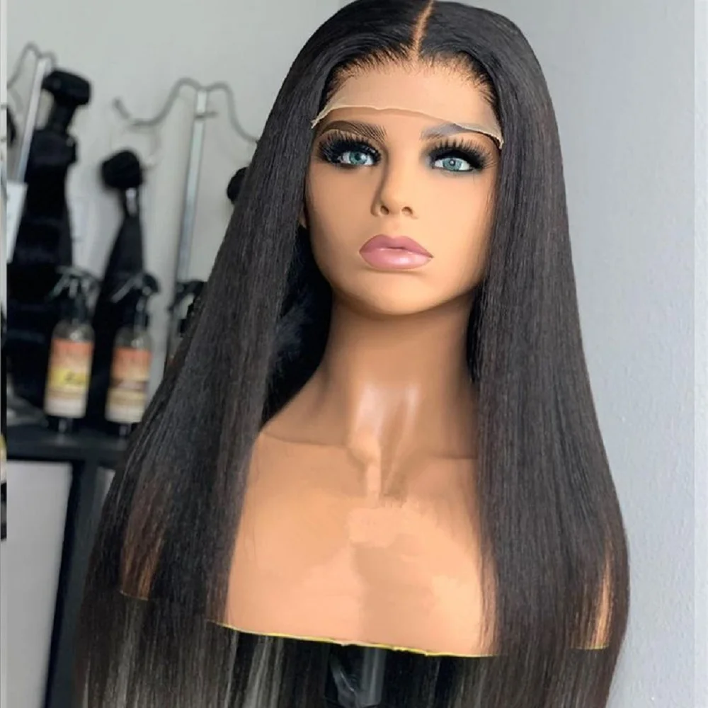 Peruca dianteira reta Kinky para mulheres, sem cola, macia, longa, Yaki, natural, preto, cabelo de bebê, sintético, pré-arrancada, diariamente, 26"