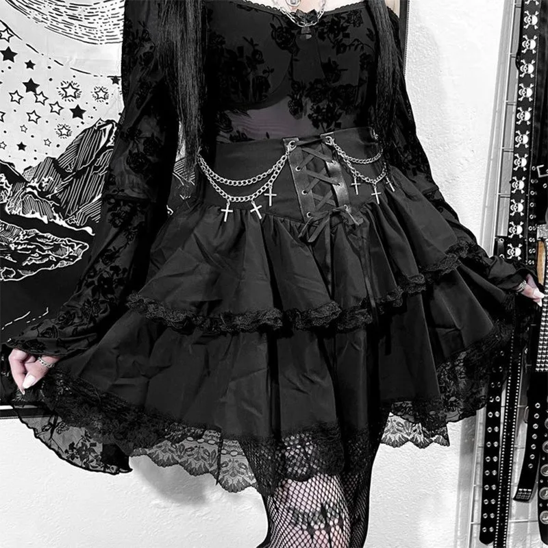 

Gothic Black Skirt Sexy Cute Mini Women Drawstring Folds High Waist Irregular Ruffle Patchwork Fairycore Short Skirts Mori Girl