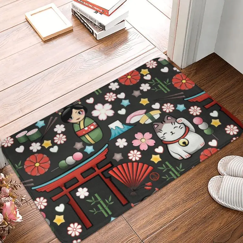 Custom Kawaii Maneki Neko Lucky Cat Doormat Non-Slip Entrance Bath Kitchen Floor Door Mat Japanese Geisha Art Garden Carpet Rug