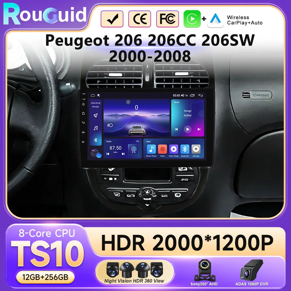 Android 16 Car Radio For Peugeot 206 206CC 206SW2000-2008 Car Stereo Bluetooth5.0 WIFI GPS Navigation Screen Wireless Carplay BT