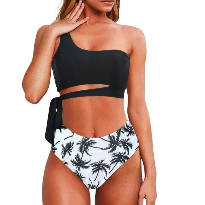 Gravata tingida cintura alta Split Swimsuit feminino, biquíni sexy de um ombro