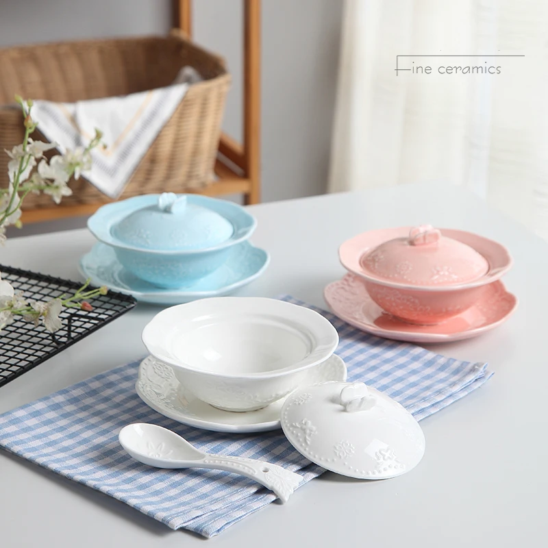 White Embossed Porcelain Small Soup Bowl with Lid and Saucer Spoon, Chinese Kids Bowls Ceramic, Cute Ice Cream