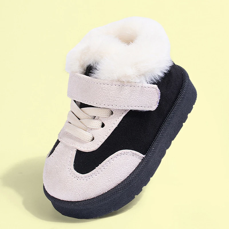 Winter Patchwork Kids Snow Boots Faux Fur Edge Plush Warm Toddlers Boy Sneakers Soft Baby Girls Cotton Shoes Size 19-25 CSH1698
