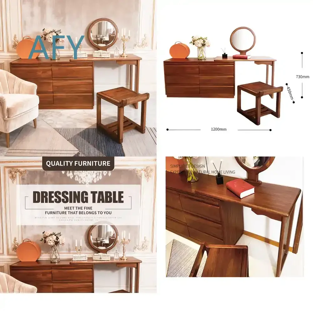 Modern Walnut Solid Wood Dressing Table for Bedroom for Nordic Style Light Luxury Makeup Vanity Storage for Small Apartments