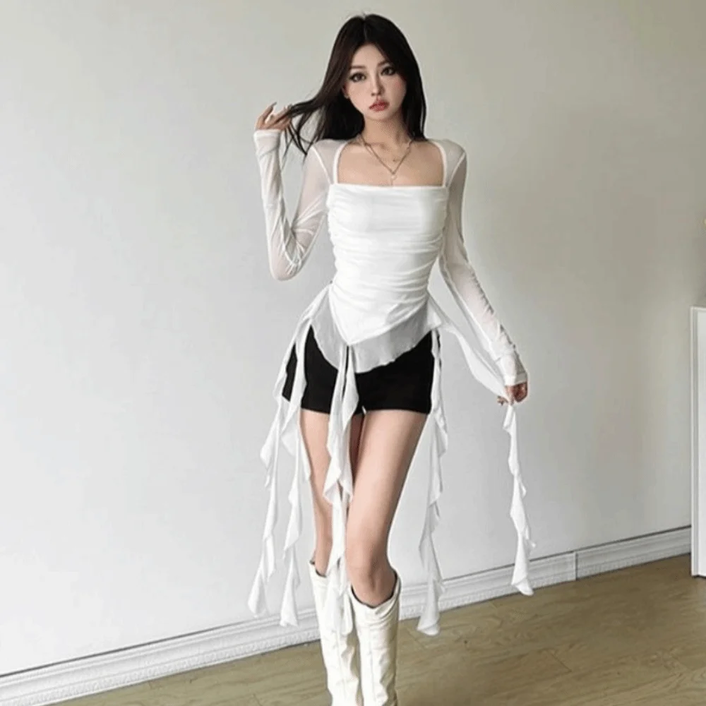 

Уличная футболка с сетчатым поясом в виде медузы, эльфийский плиссированный воротник с длинными рукавами, облегающие укороченные топы, корейские Y2K Ins, нерегулярные