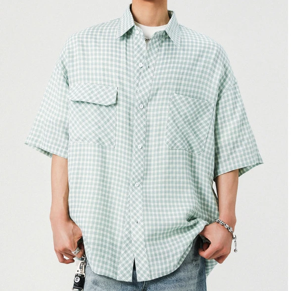 GELITAYIN Men's Retro Checkered Long Sleeved Shirt With Single Breasted Design Textured Lapel Splicing Autumn Fashion Hot Sellin