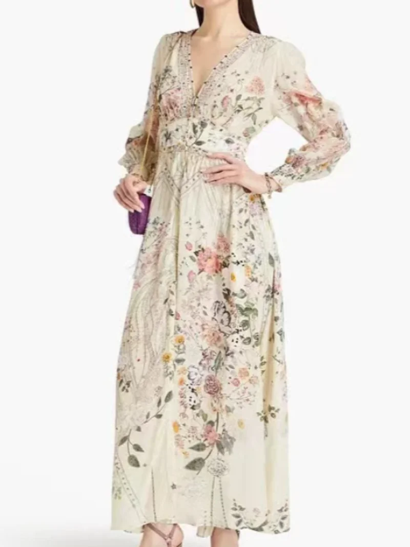 Women Floral Printed Robe Beaded Front Buttons V-Neck Long Sleeve Elastic Waist 100% Silk Elegant Autumn 2024 Maxi Dress