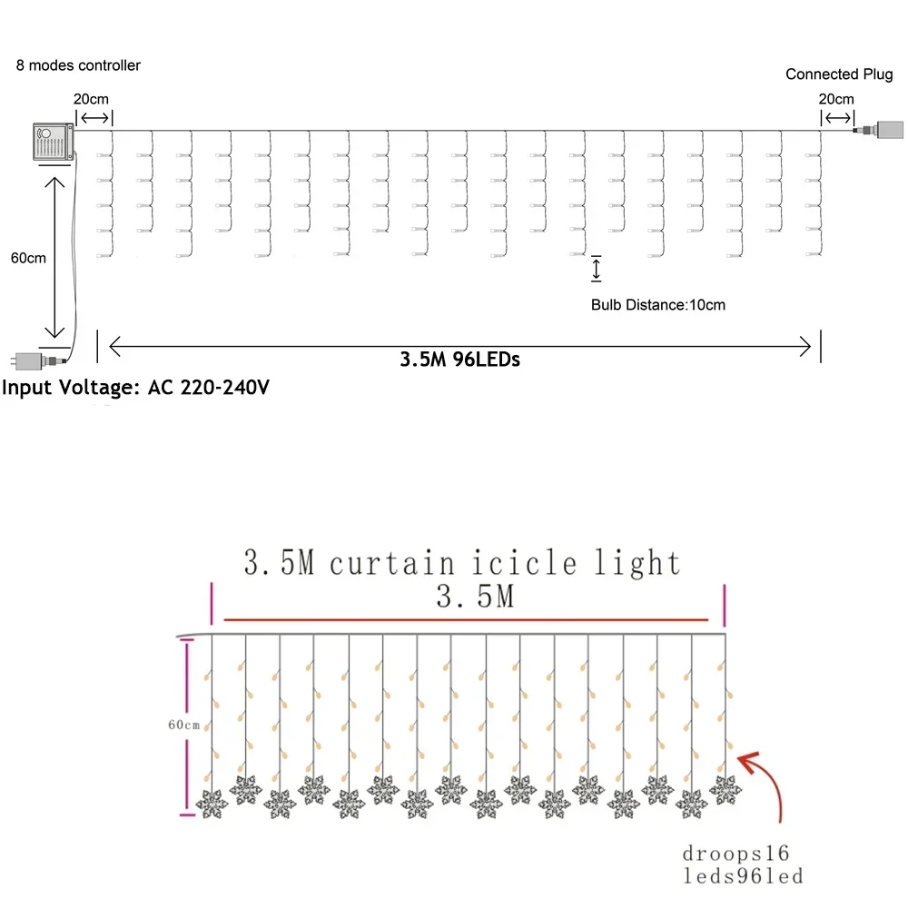 3.5M Christmas Light Led Snowflake Curtain Icicle Fairy String Lights ghirlanda all\'aperto per la decorazione di capodanno in giardino per feste a