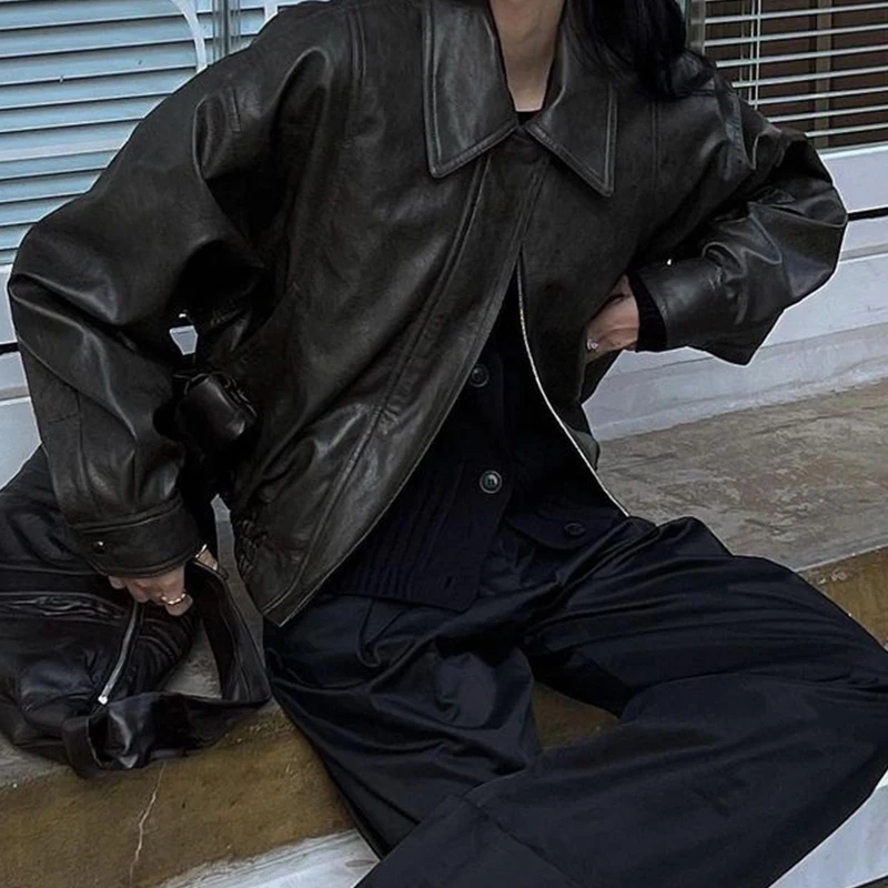 Chic Spring Retro Colletto con cerniera vestibilità ampia Lungo Sve Capispalla da donna Versatile moto Jaet Pelle sintetica Pendolarismo...