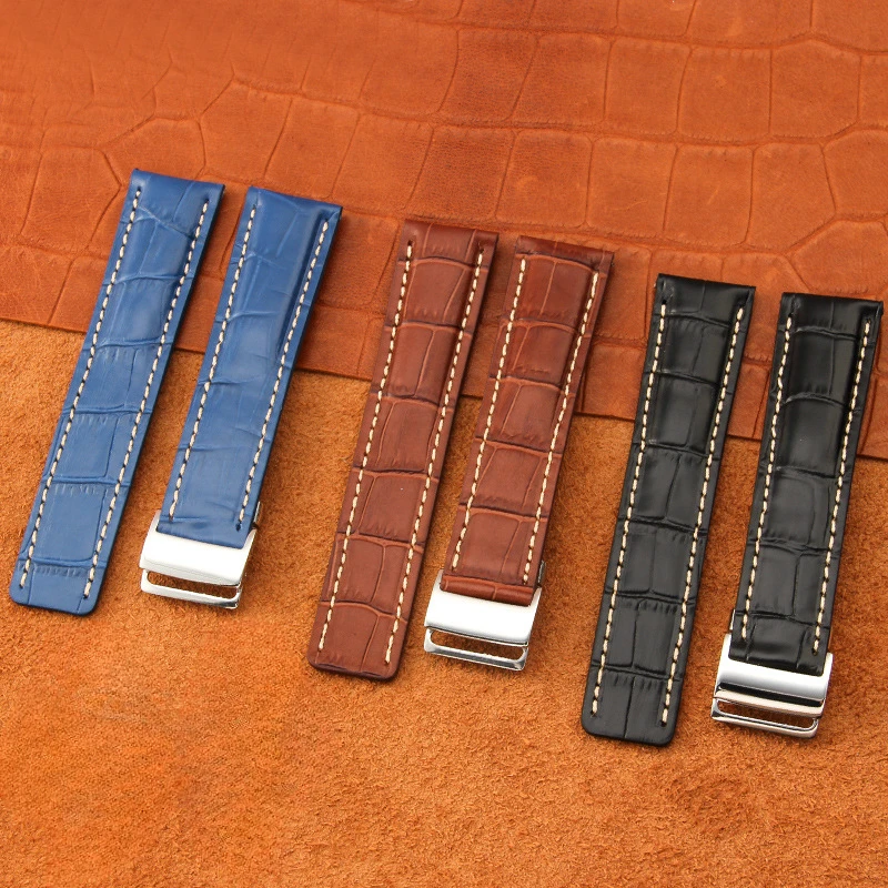 22mm 24mm Genuine Leather Watch Strap for Breitling Cowhide Bracelet Black Blue Brown Watch Band Silver Metal Buckle Replacement