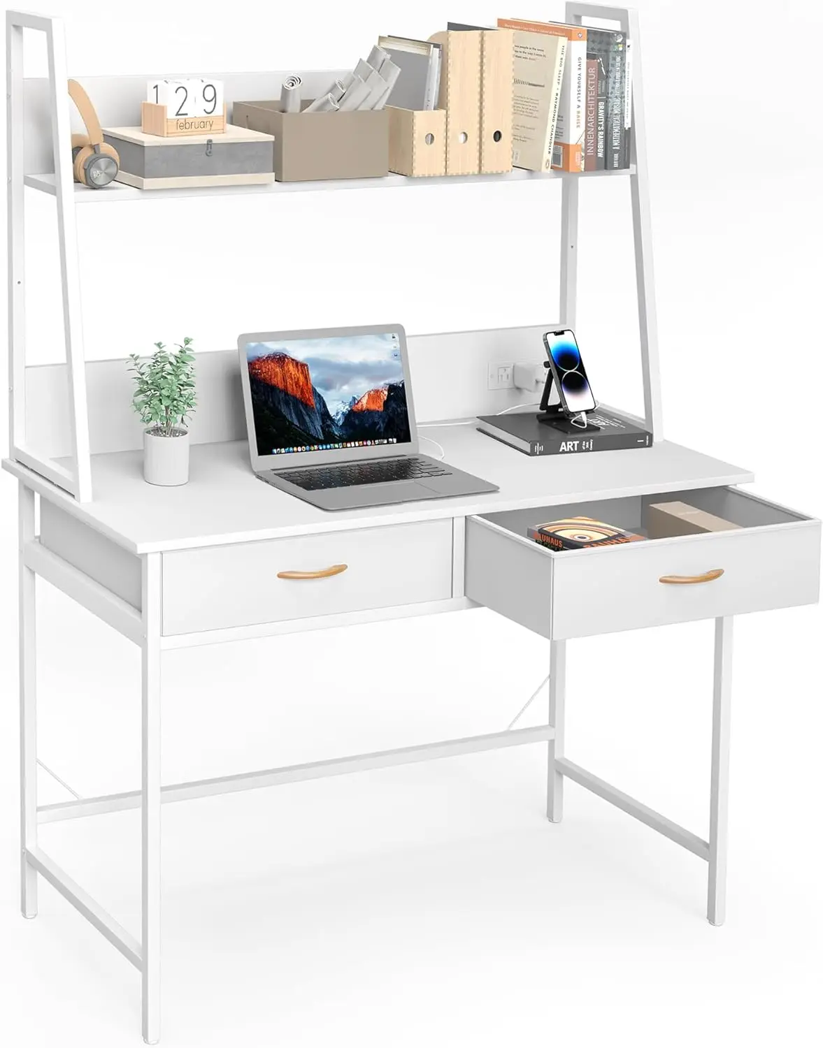 Modern Home Office Desk White With Hutch & Book Shelves Power Outlet Compact Study Table - Efficient Small Desk with USB Ports