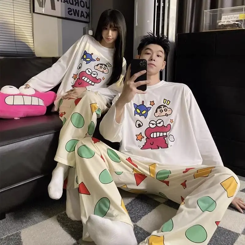 Cute Cartoon Couples Sleepwear Women Crayon Shin-Chan Pajamas Spring and Autumn Long Sleeved Pants Loose Casual Home Clothes