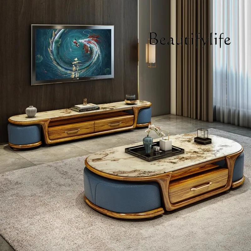 

New Chinese ebony marble oval coffee table designer modern simple living room