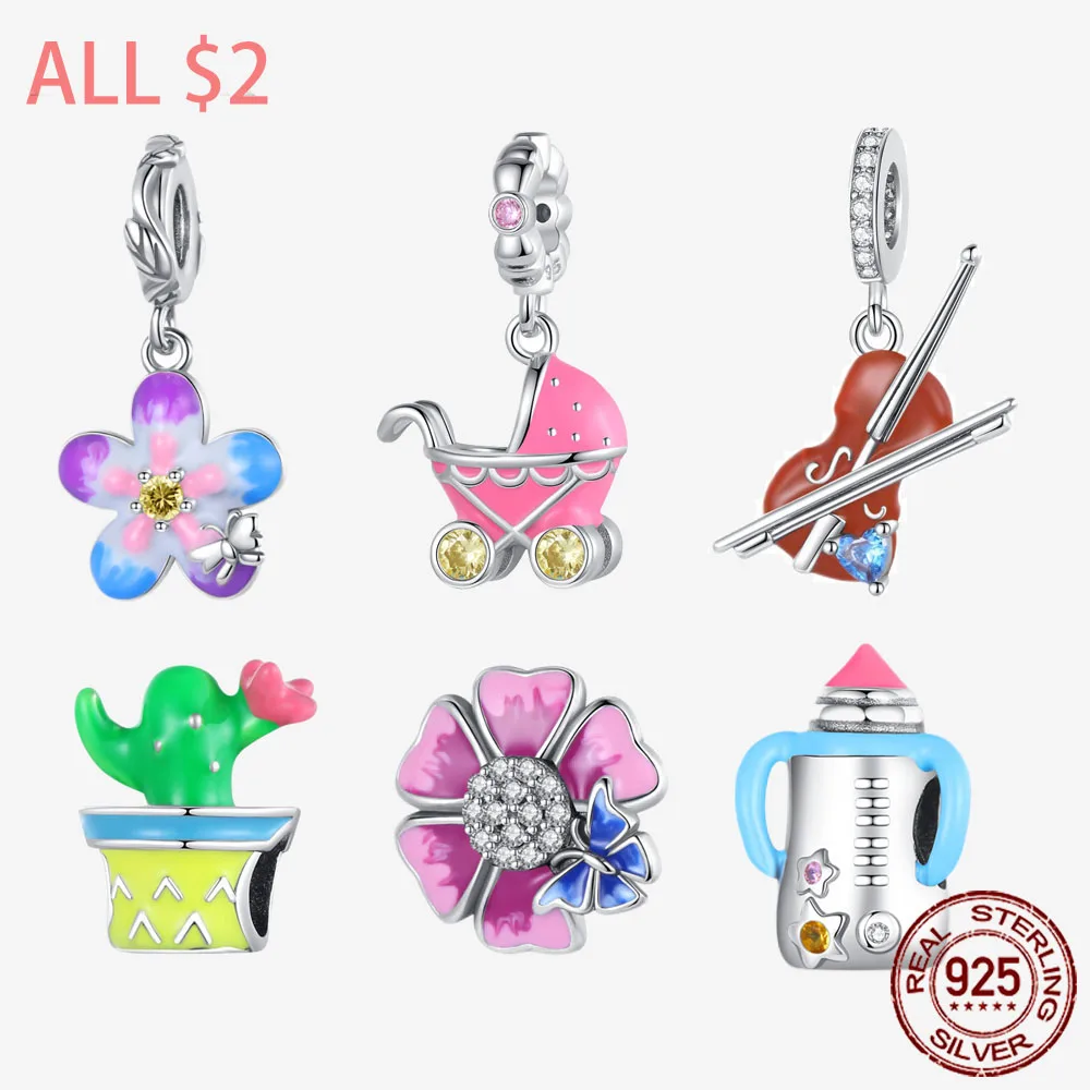 

925 Sterling Silver Charms Cactus flower pot Beads Fit Original Pandora Bracelet Gift DIY