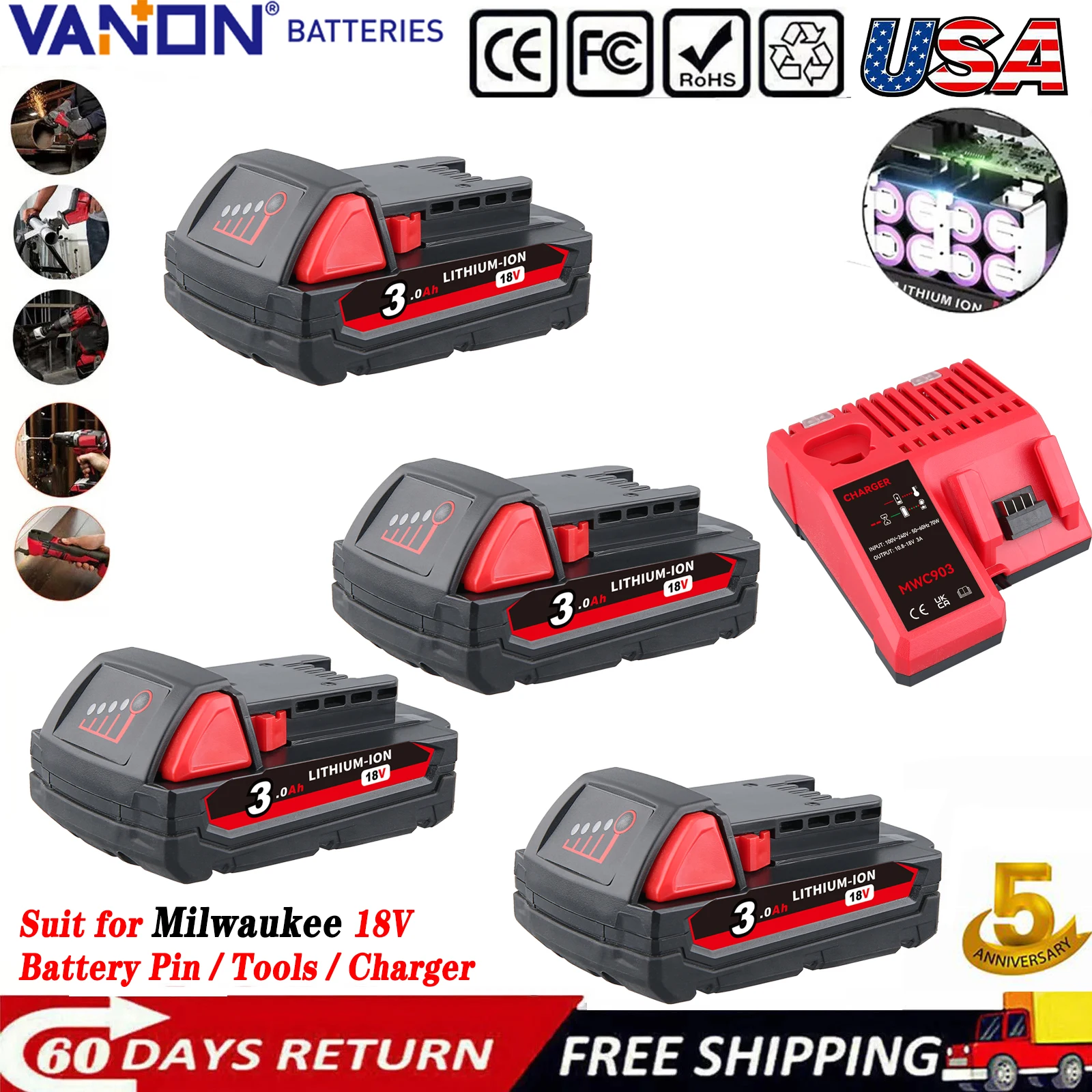 

VANON 1/2/4 шт. 3,0 Ач M18 литий-ионная замена для Milwaukee 48-11-1810 48-11-1820 48-11-1850 штифт аккумулятора 18 В и зарядное устройство 3A M12-18C