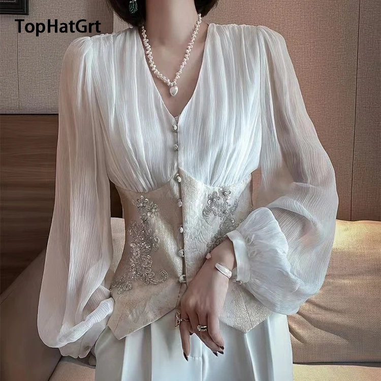 

2024 Spring summer temperament lantern sleeve silk top women's waist stitching V-neck mulberry silk palace style shirt