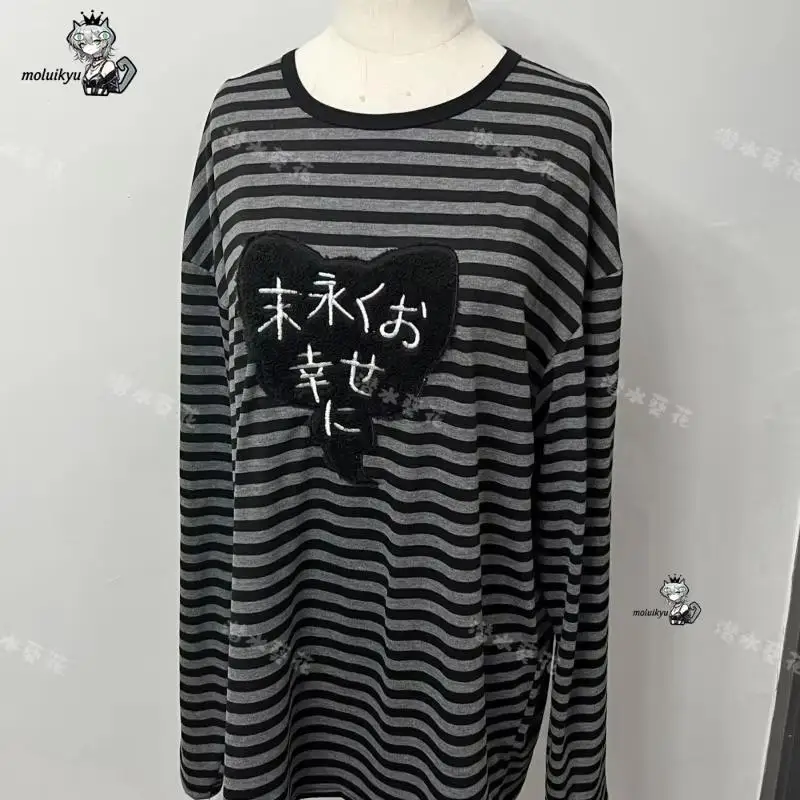 Y2K American Punk Vintage O Neck Long Sleeve Shirts All-Match Striped Design Harajuku Embroidery Tops Aesthetic High Street Tees view 2