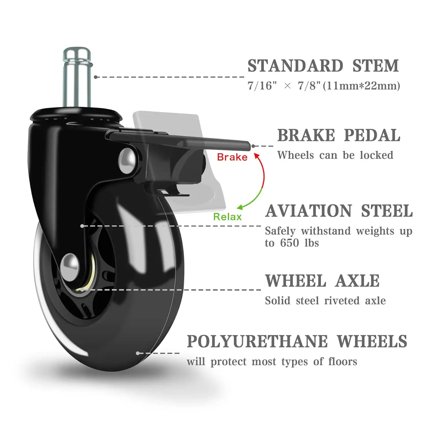 Imagem -02 - Cadeira de Escritório Rodízio Rodas com Freio Heavy Duty Rolling Seguro para Todos os Pisos Universal Standard Stem Size Conjunto de 3