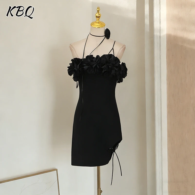 

KBQ Sexy Elegant Solid Slimming Mini Dresses for Women Halter Sleeveless Spliced 3D Flower Accent Side Tie Luxury Dress Female