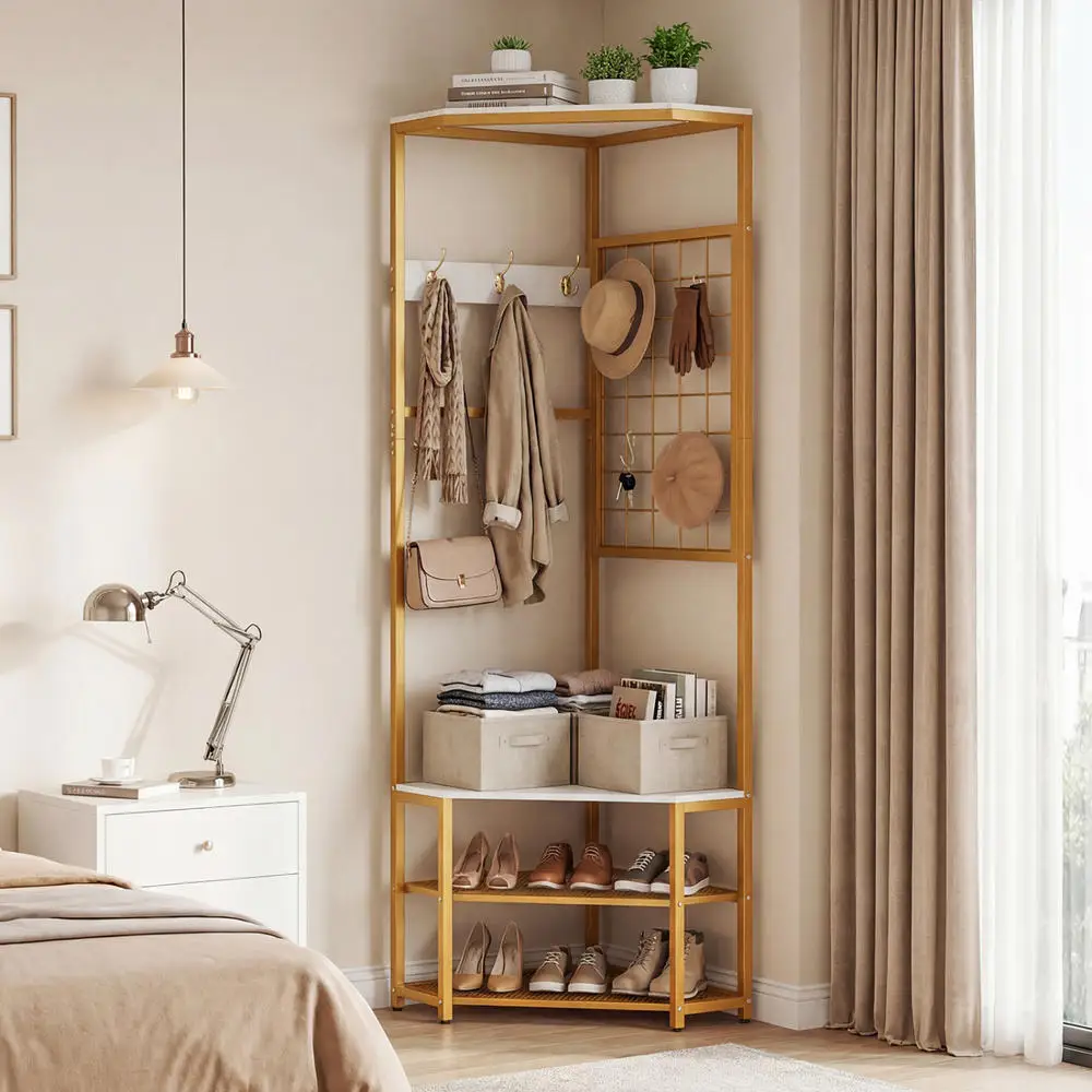 Corner Hall Tree Freestanding Coat Rack With Storage Shelves Removable HooksWhite view 7