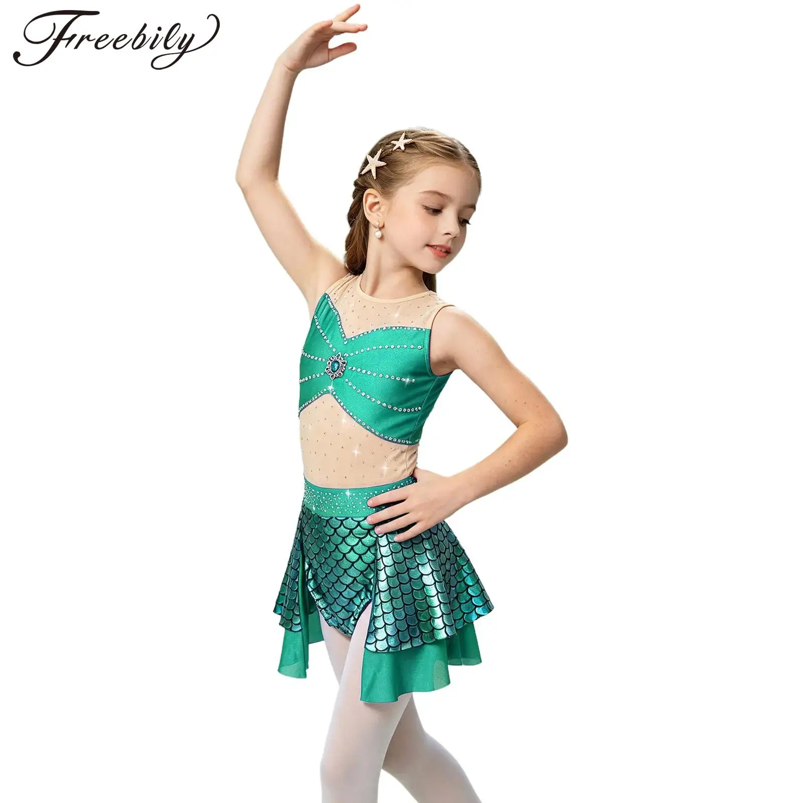 Kids Girls Mermaid Princess Ballet Dance Figure Skating Costume Sleeveless Rhinestone Mesh Fish Scale Dress Gymnastics Leotard