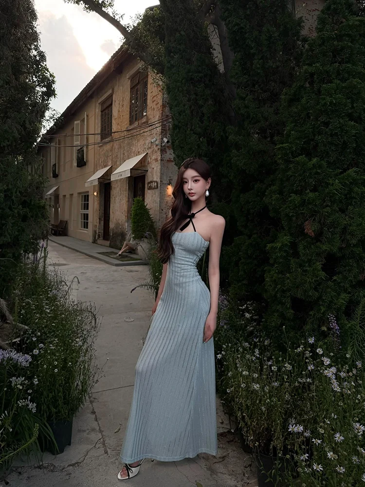

Stazf7 Blue Neck Hanging Skirt Slimming Waist Women's Summer Sexy Long Dress Uyemura French Style A-Line Dress Knot