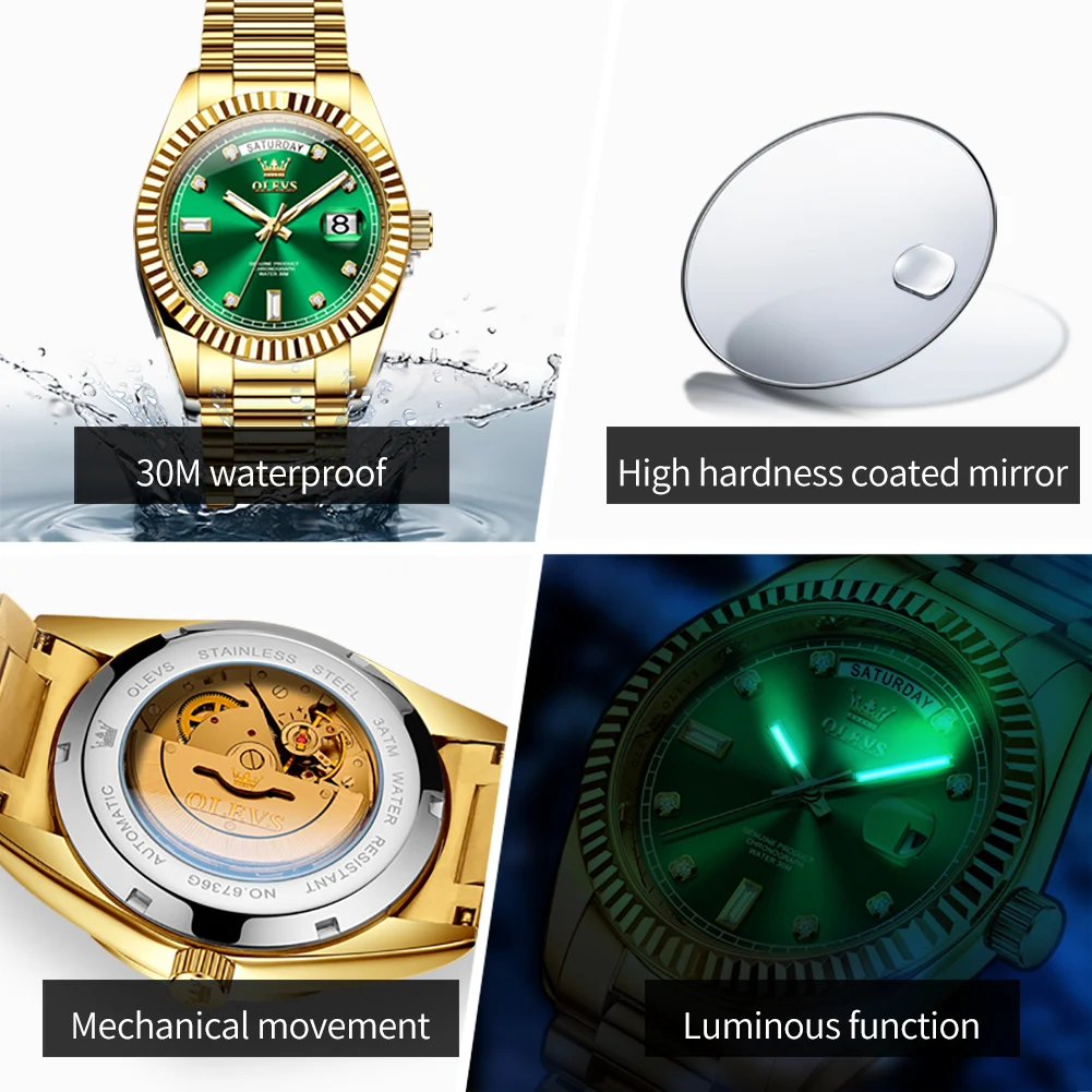 OLEVS Men's Watch 100% Original Top Brand Luxury Automatic Mechanical Watches for Man HD Luminous Waterproof Date Man Watch 6736