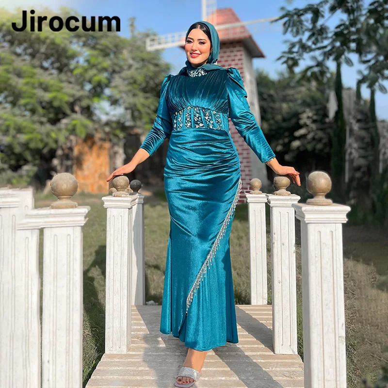 Jirocum Elegant Mermaid Prom Gowns Women\'s Crystal Turtle Neck Muslim Party Evening Gown Velvet Plus Size Formal Occasion Dress