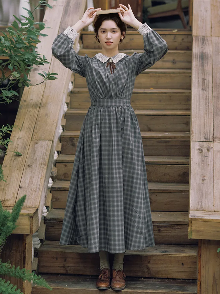 Sukienka maxi damska 86-98 cm obwód biustu, wiosna-jesień-zima, oryginalny projekt, brytyjski styl retro, artystyczna krata, vintage, elegancka, wyszczuplająca, 100% bawełna.