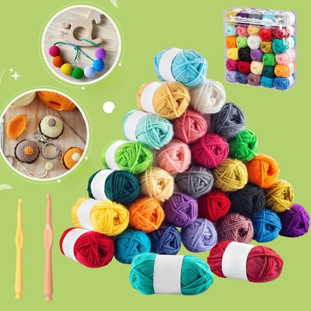 

Набор для вязания крючком: 30 мотков пряжи, 1300 ярдов, 30 цветов, акриловые клубки, крючки для вязания, достаточное количество для вязания крючком и спицами
