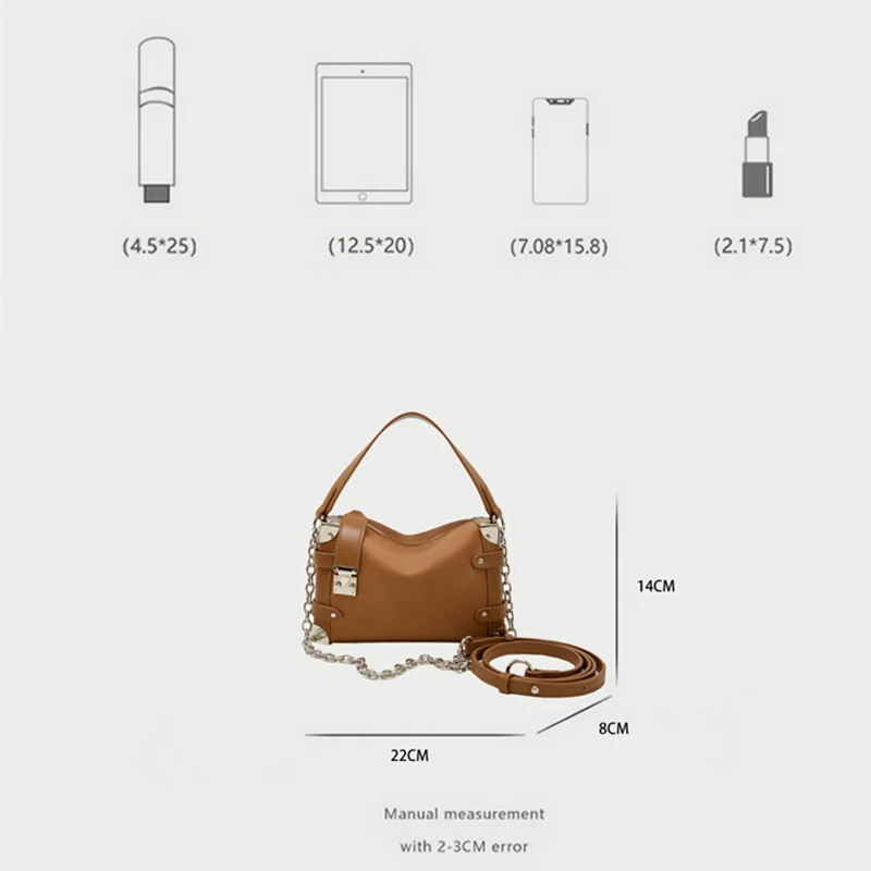 Soft Leather Double Chain Bag Textured Large Capacity High Quality Button Nail Square Fashion Khaki Women Shoulder Crossbody