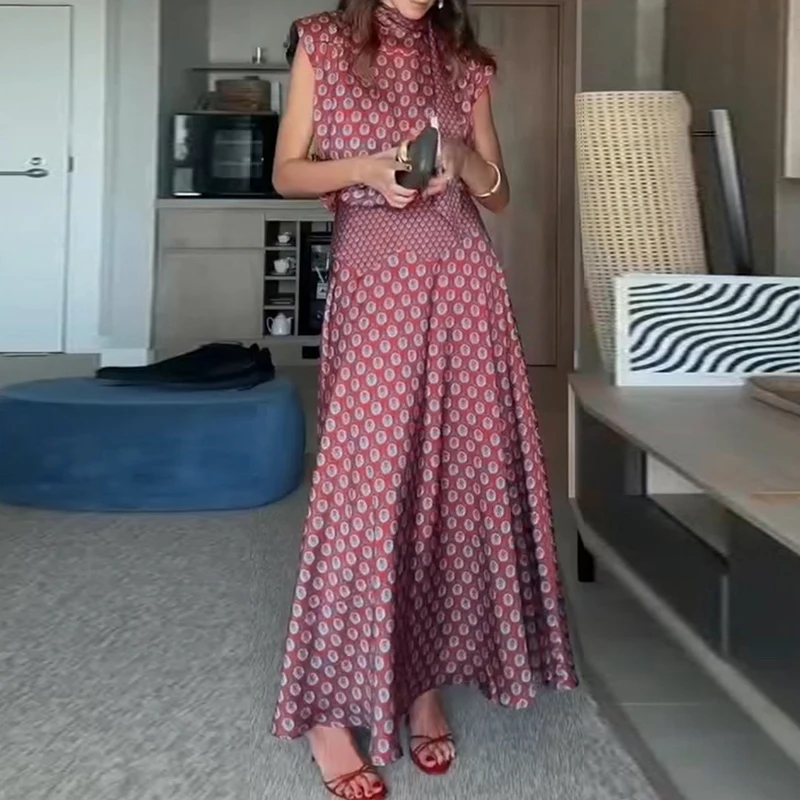 Elegant Temperament Vacation Outfit Casual Ribbon Sleeveless Top & Long Skirt Two Piece Set Retro Floral Print Satin Women Suit view 5