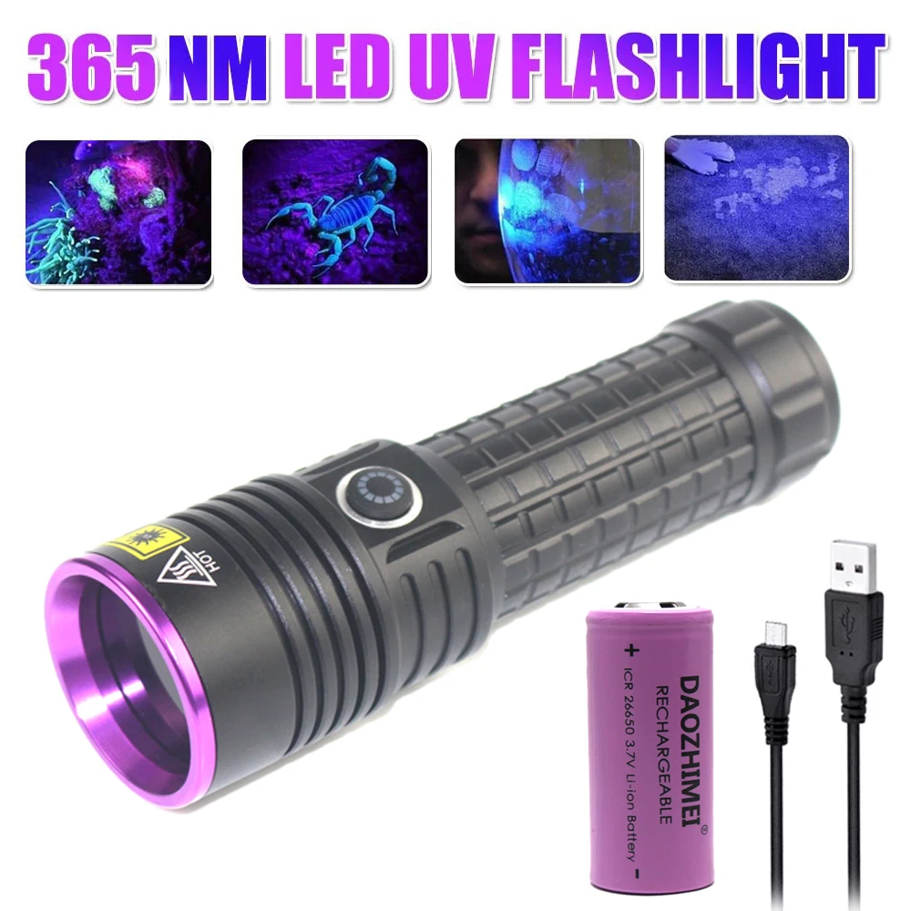 60W 365NM UV Flashlight 26650 High Power Type-c Rechargeable UV Detection Torch for Detection Dog or Cat Stains, Bed Bugs UV LED