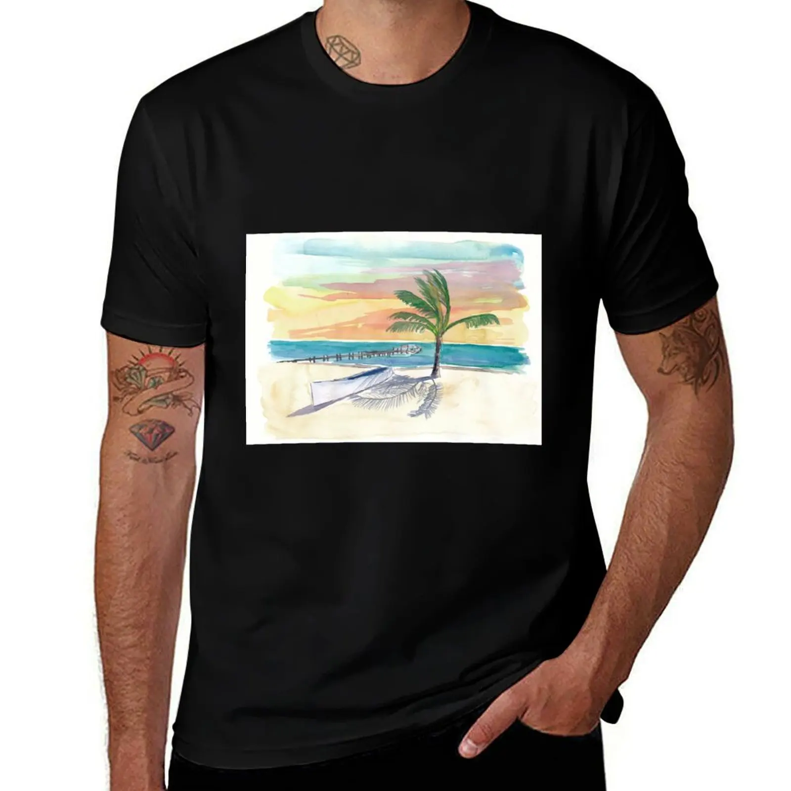 

Florida Keys Beach Boat Scene at Sunset T-Shirt man t shirt summer t shirts for man graphic funny funny t shirts cotton T-Shirt