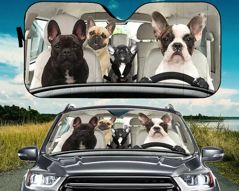 

French Bulldog Family Driving Car Sunshade, Dogs Auto Sun Shade, Car Auto Sun Shade, Car Windshield, Car Accessories, dog lovers