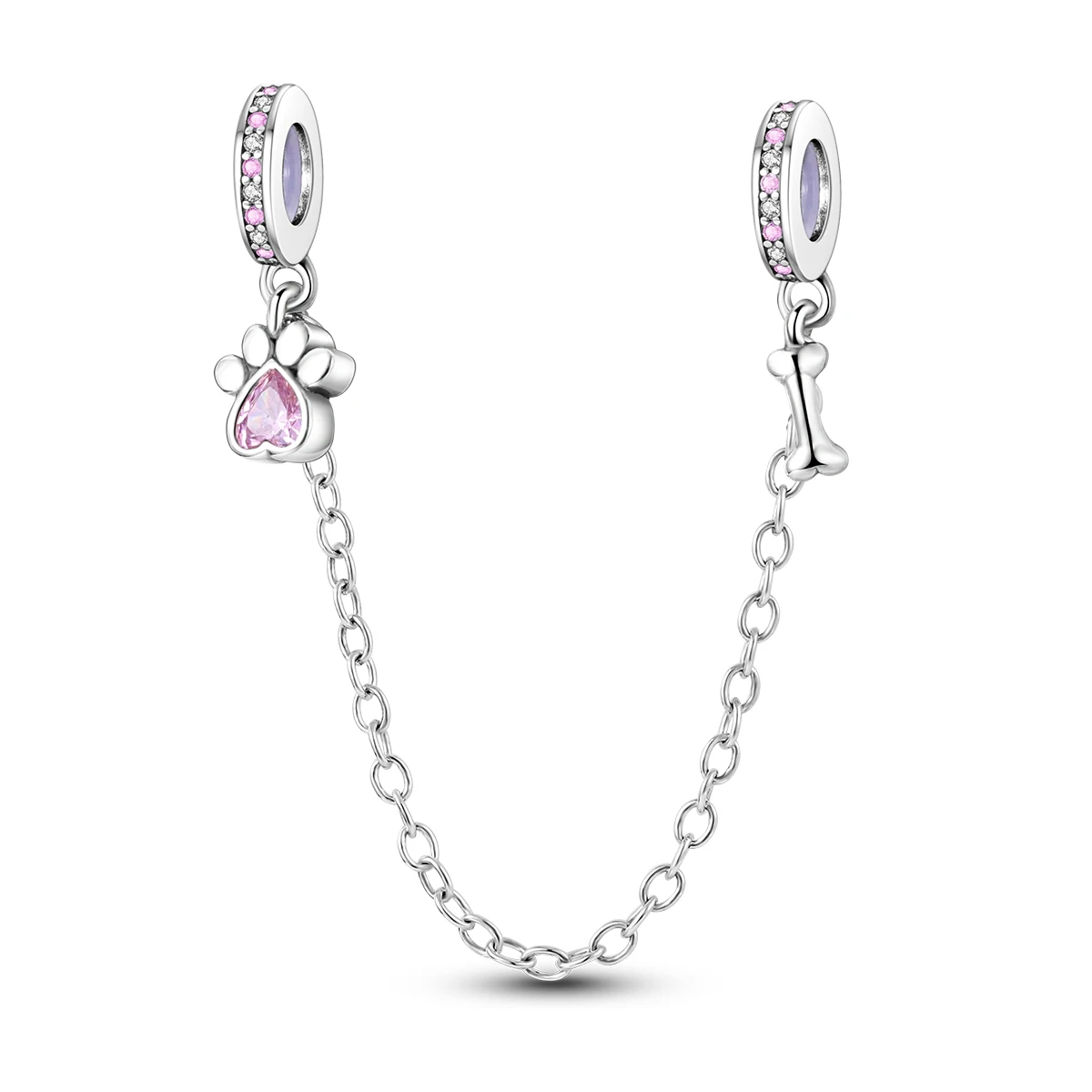 925 Sterling Silver Pink CZ Paw Print Bone Safety Chain Pet Lover Women Bracelet Anti-Loss Jewelry Accessory