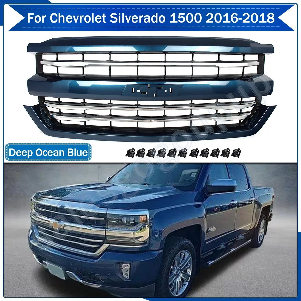 Front Bumper Grille Grill Deep Ocean Blue For 2016-2018 Chevrolet Silverado 1500