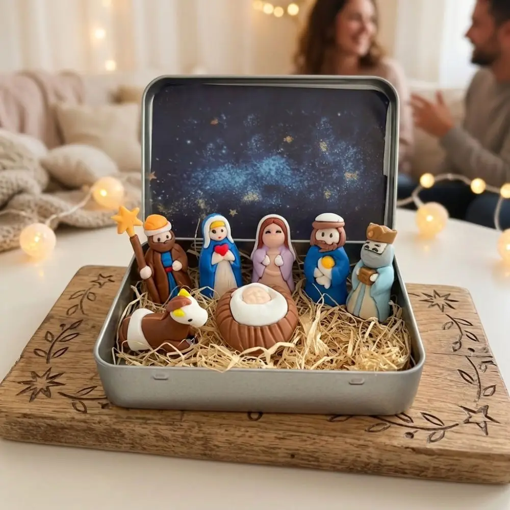 Metal Tin Box Mini Christmas Trough Set Holy Family 3D Printed Nativity Manger Scene Kit Shepherd Animal Hand Painted