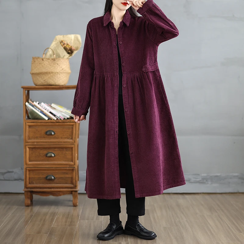 معطف نسائي طويل من القطيفة المضلعة بأسلوب عتيق، فضفاض ومخطط، معطف خارجي بزر واحد للخريف والشتاء، أزياء خارجية عصرية #3