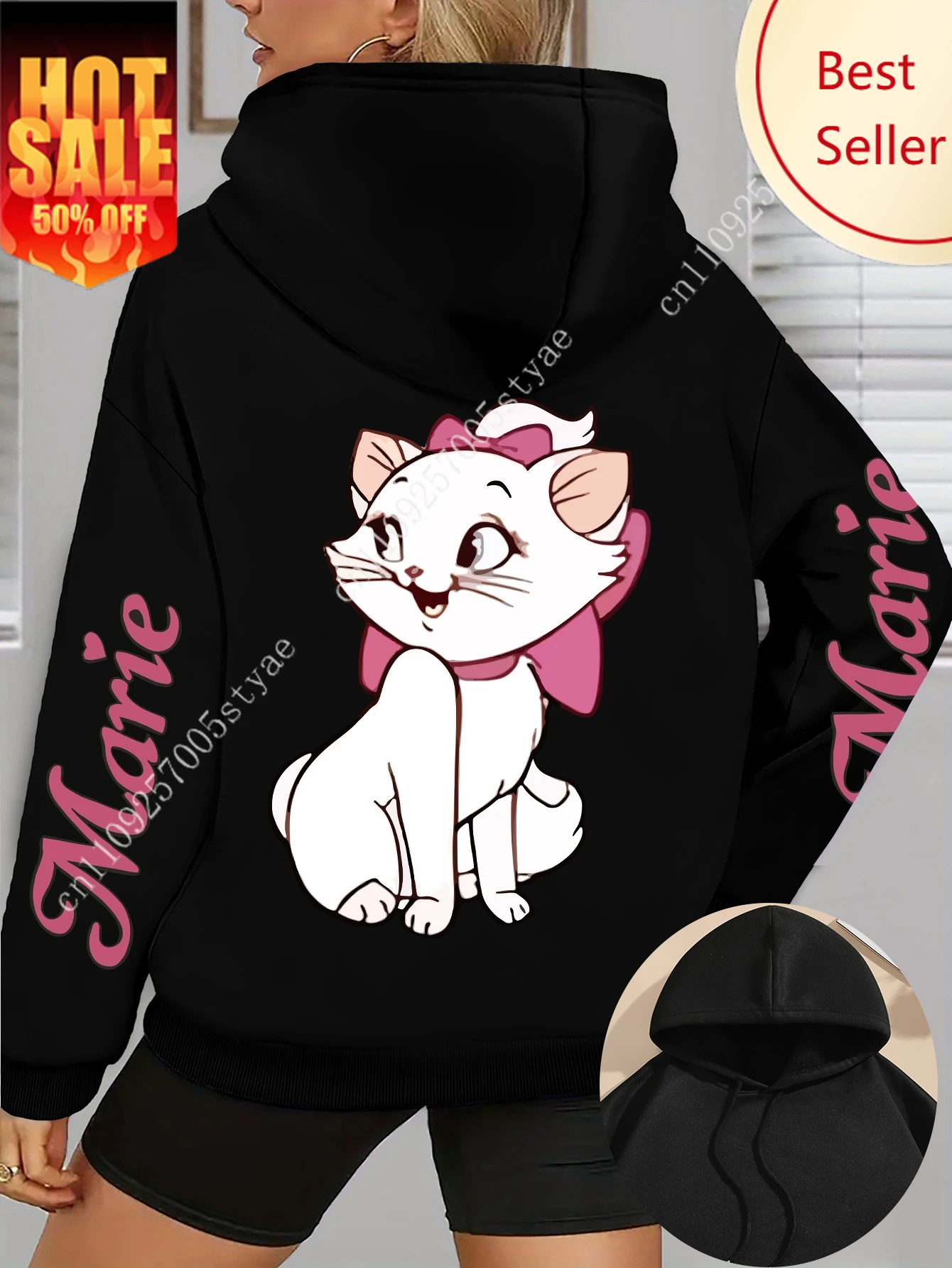 

Women's Disney Marie Cat & Pink Bow Men Fleece Hoodies Cotton Hoody Sweatshirt Pullover Autumn Winter Oversize Loose Gift Couple