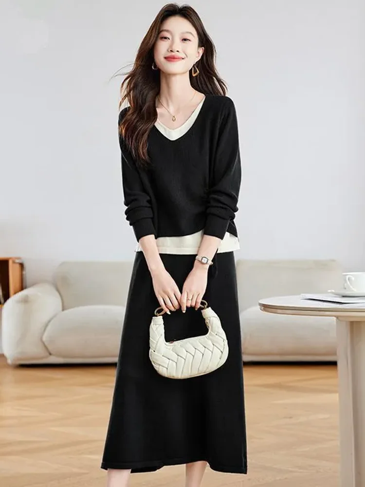 Korean Fashion Knitted 2 Pieces Sets Women Casual Spliced V-neck Sweater Pullover Tops Conjuntos Elastic Waist Skirts Outfit New