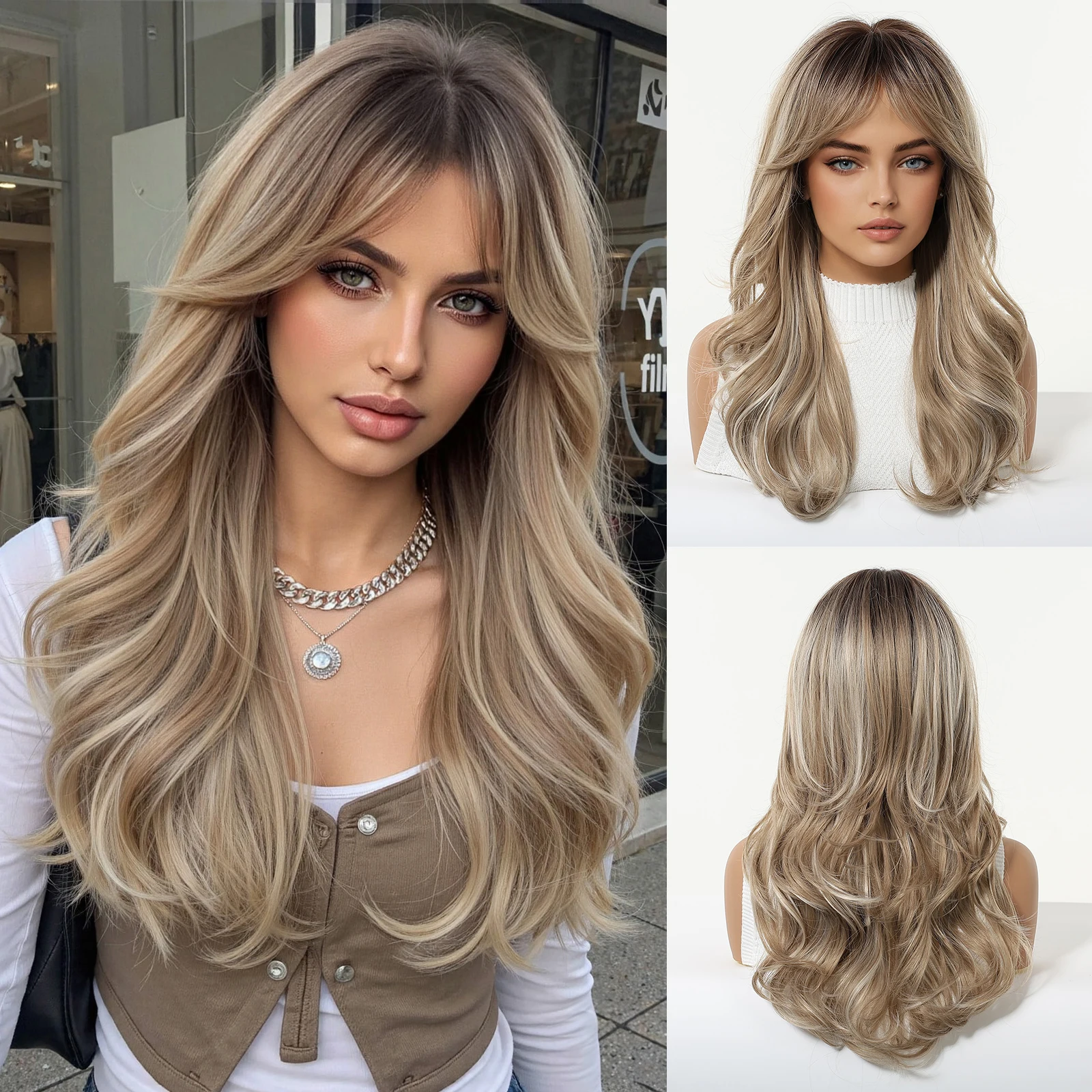 Lange goldblonde braune synthetische Perücken mit langen Ponysträhnen für Frauen, hitzebeständige Naturwellen-Perücke für den täglichen Gebrauch, Cosplay und Partys.