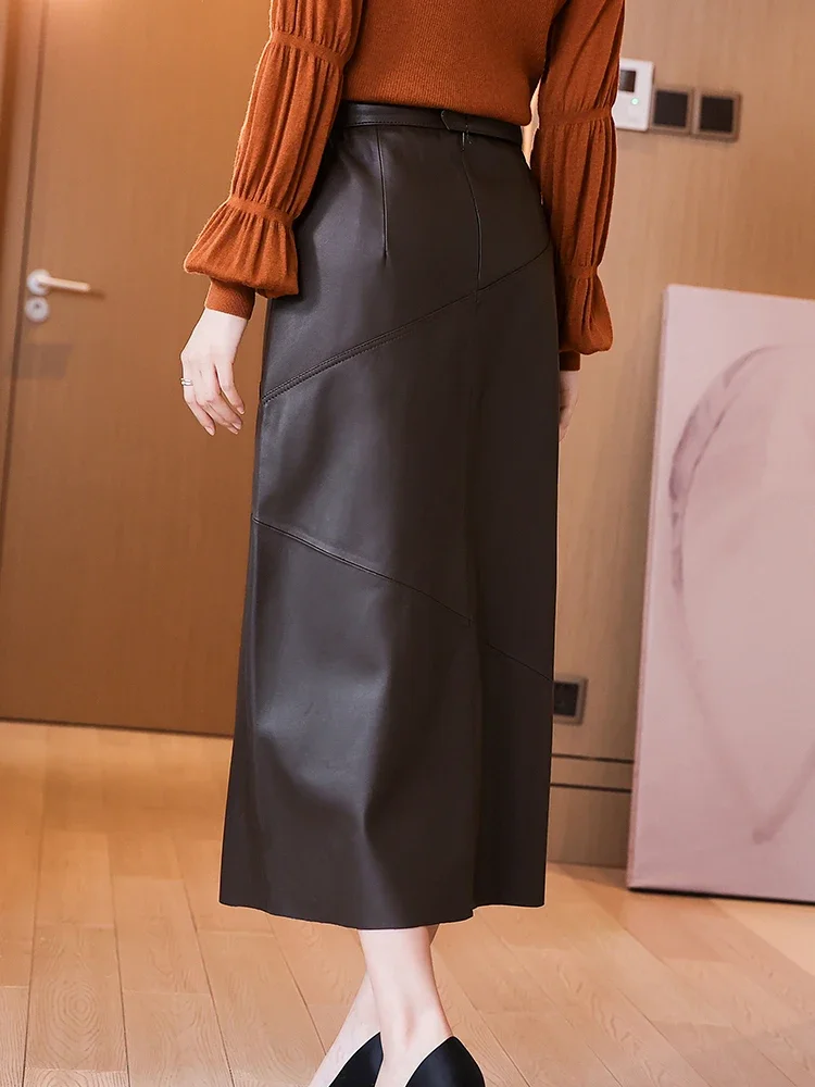 Leather Long 85cm Skirt For Women Feminina Chocolate Middle Mesh High Slit Faldas Largas Mujer Belt Black  Ankle Wrap Maxi Jupe