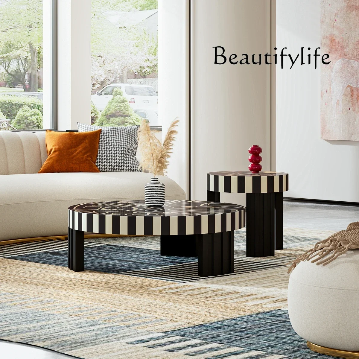 A c Medieval style coffee table household round set few designer models pure hand-painted edge few solid wood