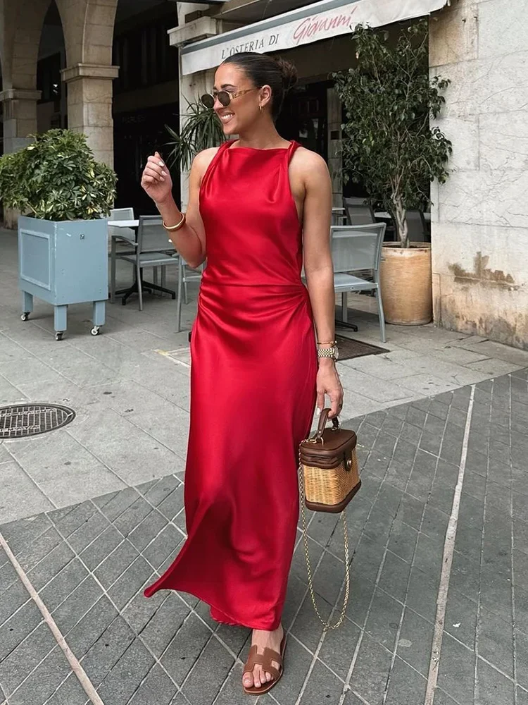 Chicheca Christmas Satin Dress Women Dress Elegant Maxi Long Party Dress Autumn Red New Vestidos Ruched Sleeveless Robe Female