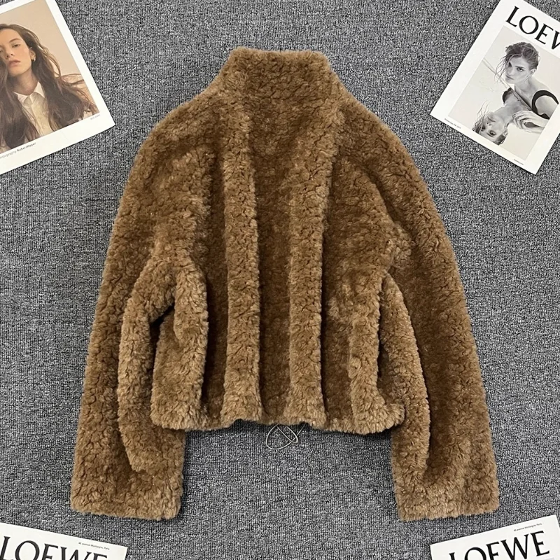 Abrigo corto de piel sintética para mujer, ropa holgada de alta calidad, color marrón cálido, francés, de manga larga, color blanco roto, Otoño e Invierno