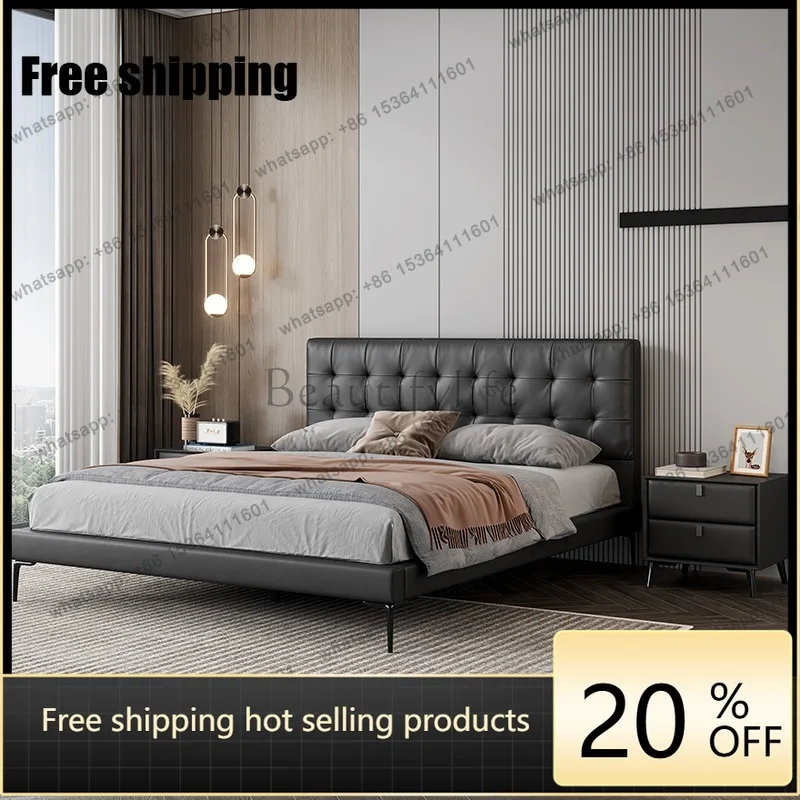 LJY medieval leather bed modern simple master bedroom 1.8m pull button retro double bed